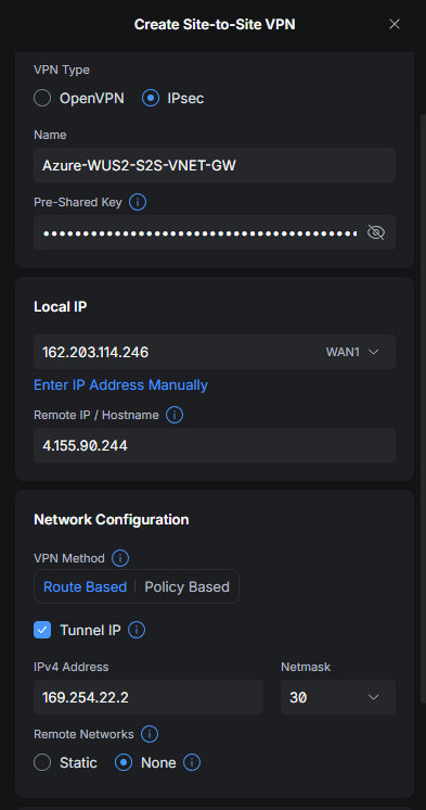 UniFi Site-to-Site VPN setup on the UDM SE: remote gateway, tunnel IP and network settings