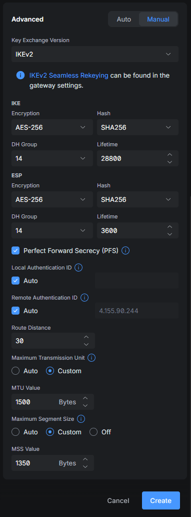 UniFi Site-to-Site VPN setup on the UDM SE: manual IKE and ESP encryption settings