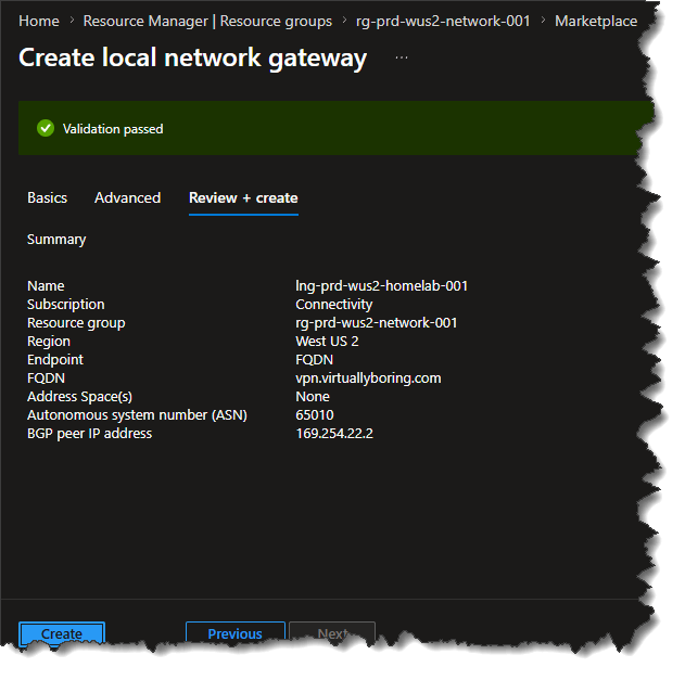 West US 2 local network gateway (lng-prd-wus2-homelab-001) validation screen in the Azure portal