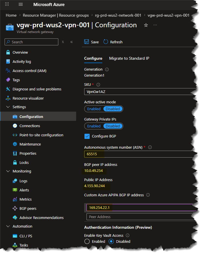 West US 2 VPN gateway BGP configuration showing ASN 65515 and the APIPA peer IP in the Azure portal
